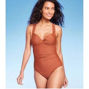 Kona Sol Brown Twist Front Shorted Full Coverage One Piece Size Medium